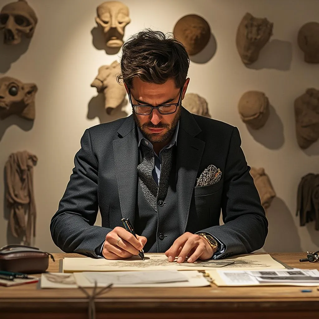 Diseñador trabajando en bocetos de accesorios masculinos